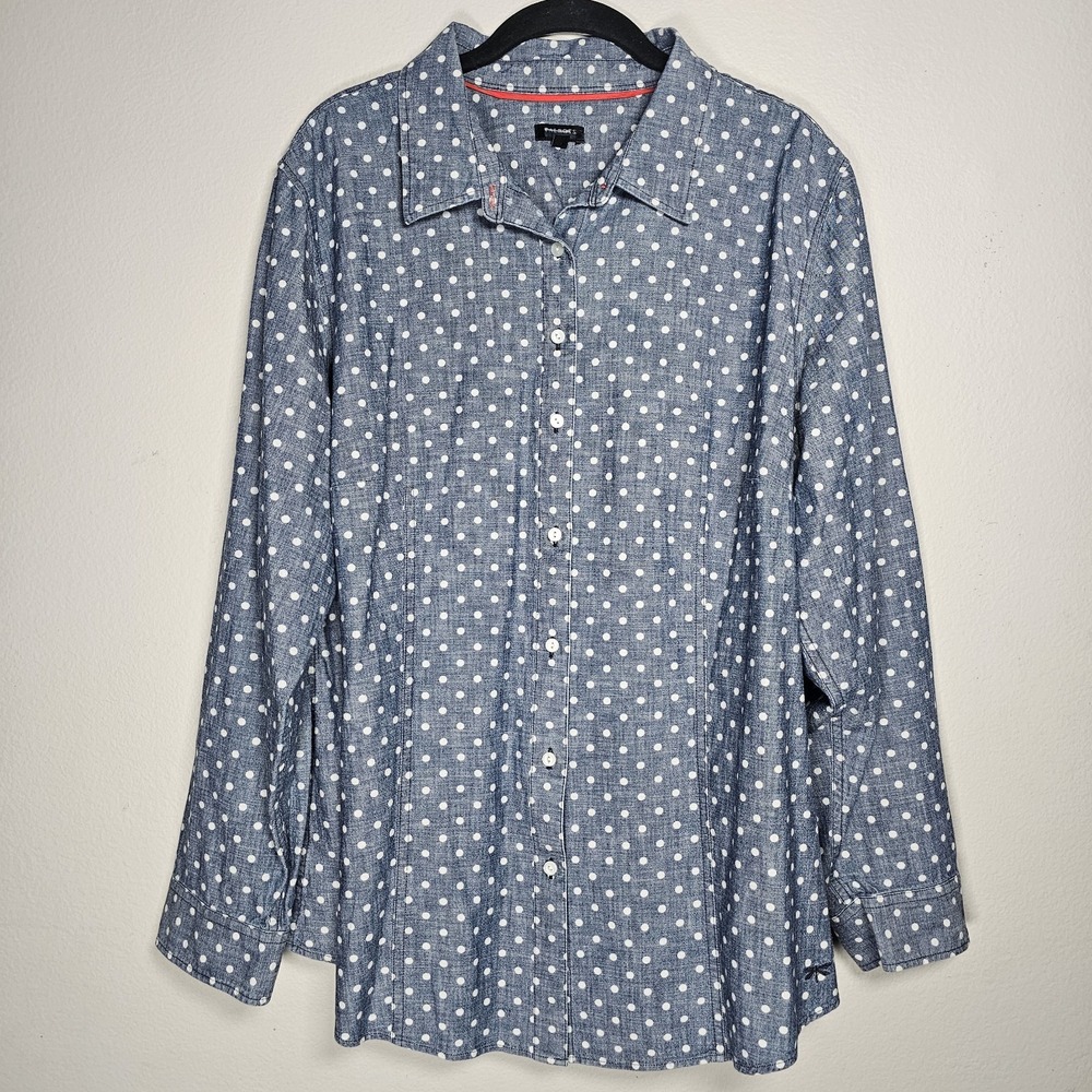 Talbots Womens 20W Blue White Polka Dot Button Up‎ Shirt Roll Tab Sleeve Office